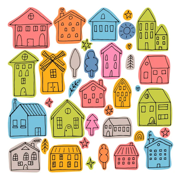 손으로 귀여운 집들의 스케치된 건물들의 컬렉션 Doodle 스타일 일러스트 로열티 프리 스톡 벡터