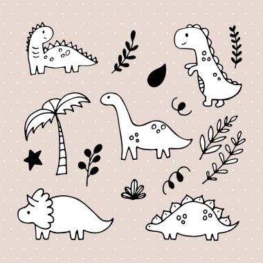 Şirin el çizimi dinozorlar ve tropikal bitkiler. Çocuklar için dinozor koleksiyonu. Komik karakterler. Vektör illüstrasyonu