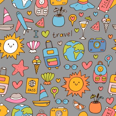 Seyahat simgeleriyle el çizimi kusursuz desen. Yaz tatili. Çizim, çizim. Seyahat, tatil, dinlenme. Vektör illüstrasyonu