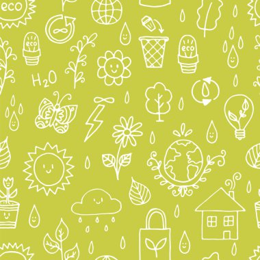 Taslak ekolojik simgelerle ve geri dönüşüm sembolleriyle kusursuz desen. Gezegeni kurtar. El yapımı elementler. Çizim, karalama. Vektör illüstrasyonu