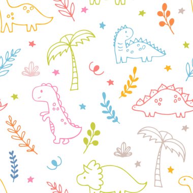 Dinozorlarla çocuksu, pürüzsüz bir düzen. Hoş bir arka plan. Dino. Yavru tekstil ve kumaş için dinozorlu baskı. Vektör illüstrasyonu