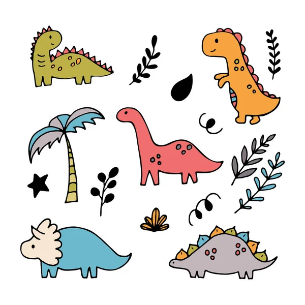 かわいい手で描かれた恐竜と熱帯植物 子供のためのディノコレクション 面白いキャラクターセット ベクトルイラスト ベクターグラフィックス