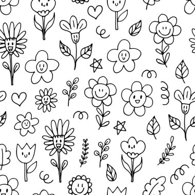 Güzel, pürüzsüz desenli, el çizimi mutlu çiçekler. Komik kawaii elementleri. Çiçek karalama geçmişi. Çocuksu bir parmak izi. Vektör illüstrasyonu