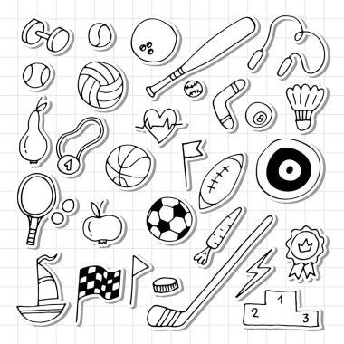 El çizimi spor unsurları. Spor malzemeleri ikonları koleksiyonu. Fitness, sağlıklı yaşam tarzı. Vektör illüstrasyonu