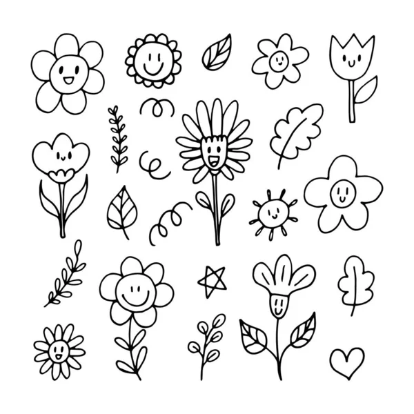 Stock vector Cute hand drawn happy flowers. Doodle. Funny faces. Floral design elements. Outline. Vector illustration