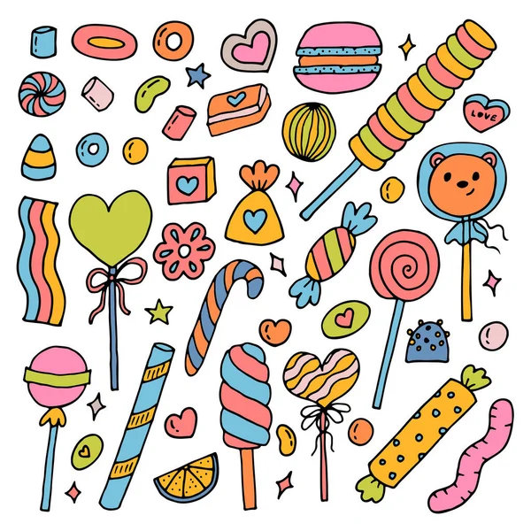 Χειροποίητα Γλυκά Και Καραμέλες Γλυκά Σοκολάτα Αμυγδαλωτά Ζαχαρωτά Στυλ Doodle — Διανυσματικό Αρχείο