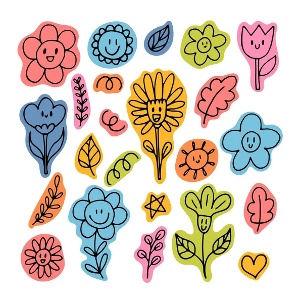 Cute Strony Narysowane Szczęśliwe Kwiaty Bazgroły Zabawne Twarze Elementy Kwiatowego Ilustracje Stockowe bez tantiem