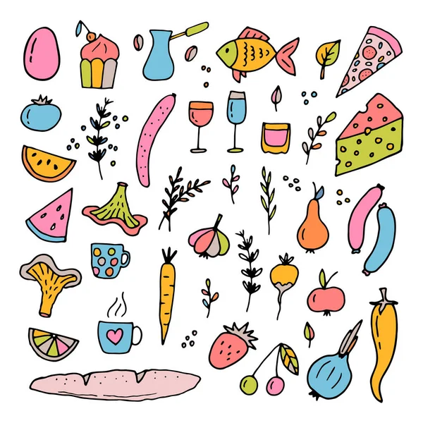 Kézzel Rajzolt Készlet Különböző Ételekből Italokból Doodle Stílusban Egészséges Élelmiszer — Stock Vector