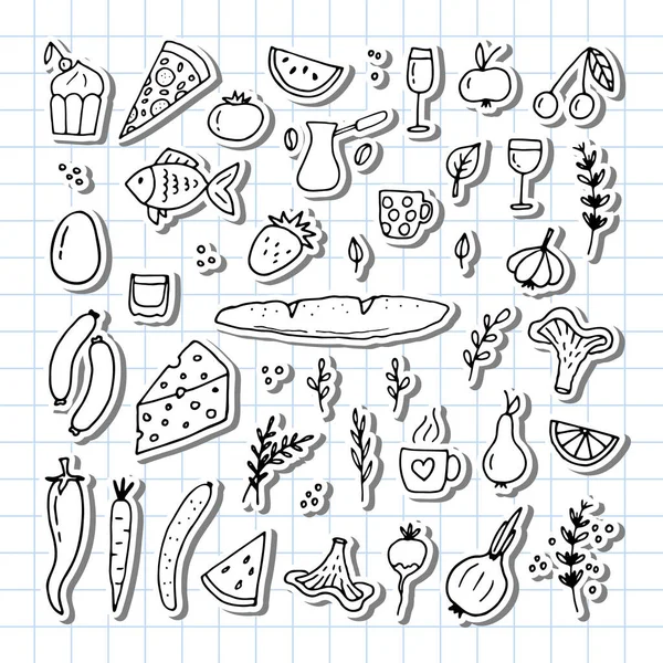 Hand Drawn Set Different Food Drinks Doodle Style Healthy Food — Stock Vector