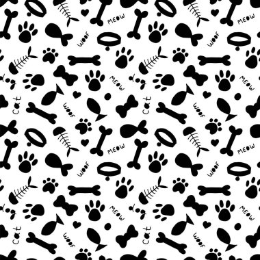 Sevimli evcil hayvan deseni. Hayvan dükkanı, dükkan ya da veteriner için el yapımı hayvanlar. Veteriner tıbbı. Vektör illüstrasyonu