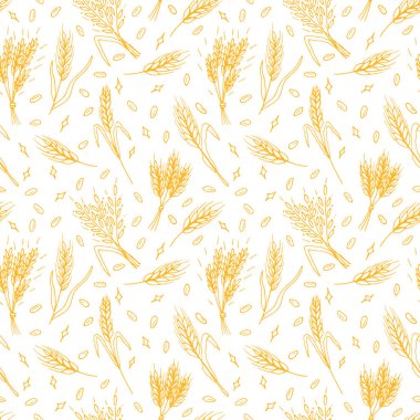 Çizimde el çizimi buğday dikenleri olan kusursuz desen. Tahıl kulakları. Çavdar, arpa, buğday. Vektör illüstrasyonu