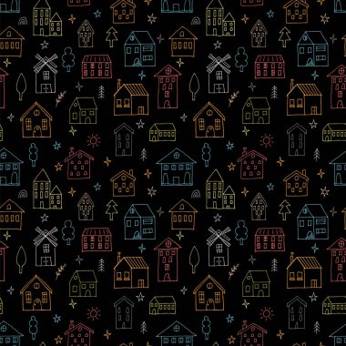 Elle çizilmiş evleri olan hoş, pürüzsüz bir desen. Binalar. Doodle tarzı. Kumaş, tekstil, ambalaj, duvar kağıdı dokusu. Vektör illüstrasyonu