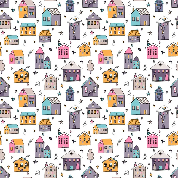 Elle çizilmiş evleri olan hoş, pürüzsüz bir desen. Binalar. Doodle tarzı. Kumaş, tekstil, ambalaj, duvar kağıdı dokusu. Vektör illüstrasyonu