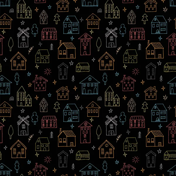 Elle çizilmiş evleri olan hoş, pürüzsüz bir desen. Binalar. Doodle tarzı. Kumaş, tekstil, ambalaj, duvar kağıdı dokusu. Vektör illüstrasyonu