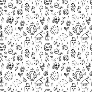 Taslak ekolojik simgelerle ve geri dönüşüm sembolleriyle kusursuz desen. Gezegeni kurtar. El yapımı elementler. Çizim, karalama. Vektör illüstrasyonu