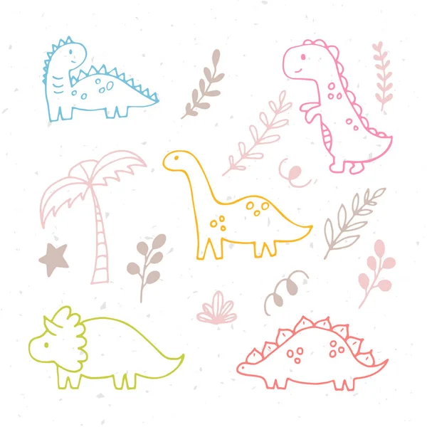 Cute Hand Drawn Dinosaurs Tropical Plants Dino Collection Kids Funny — Stock Vector