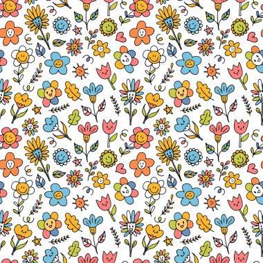 Güzel, pürüzsüz desenli, el çizimi mutlu çiçekler. Komik kawaii elementleri. Çiçek karalama geçmişi. Çocuksu bir parmak izi. Vektör illüstrasyonu