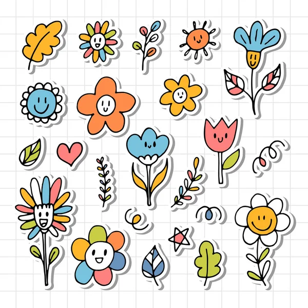 Jolies Fleurs Heureuses Dessinées Main Doodle Des Visages Drôles Eléments — Image vectorielle