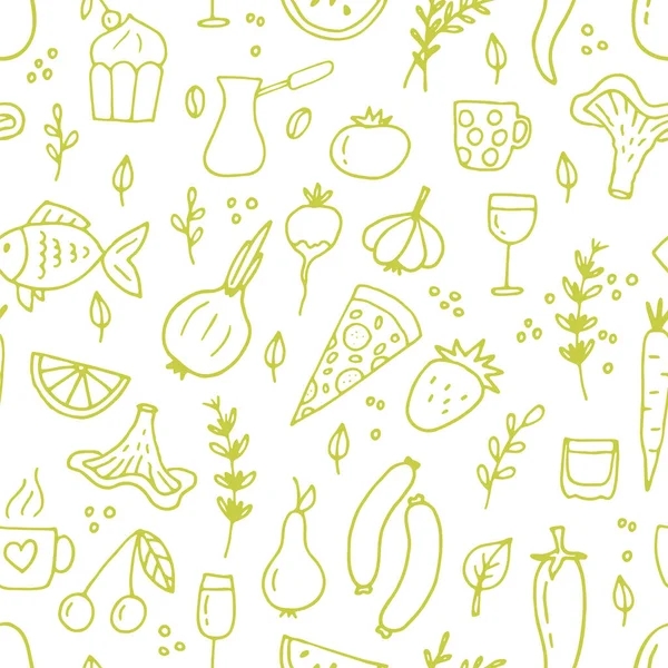手绘无缝图案与不同类型的食物和饮料 涂鸦的风格 健康食品 矢量说明 图库插图