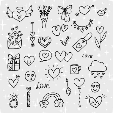 Romantik nesneler ve semboller koleksiyonu. Aşk, düğün, tarih, sevgililer günü. El çizimi, karalama, taslak çizimi. Vektör illüstrasyonu