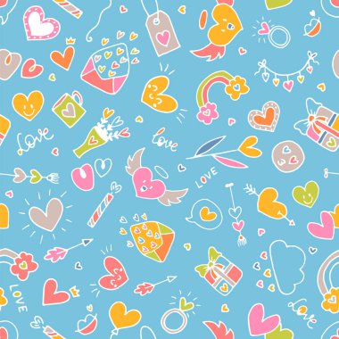 Aşk geçmişi. Romantik, pürüzsüz bir düzen. Valentine, düğün tasarımı. Paket kağıdı. El çizimi, eskiz, karalama. Vektör illüstrasyonu