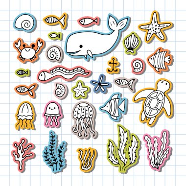 Set of sea animals in hand drawn style. Ocean life. Underwater, under the sea, marine. Vector illustration clipart