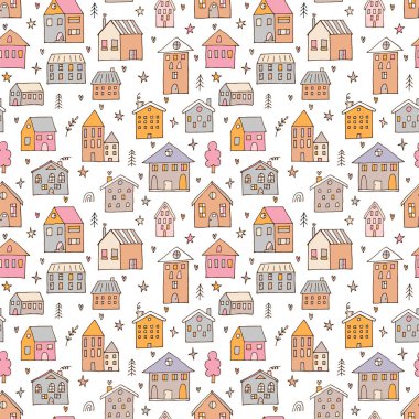 Elle çizilmiş evleri olan hoş, pürüzsüz bir desen. Binalar. Doodle tarzı. Kumaş, tekstil, ambalaj, duvar kağıdı dokusu. Vektör illüstrasyonu