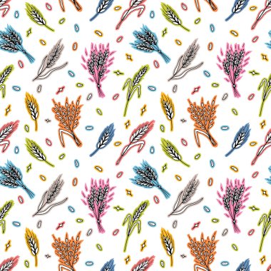 Çizimde el çizimi buğday dikenleri olan kusursuz desen. Tahıl kulakları. Çavdar, arpa, buğday. Vektör illüstrasyonu