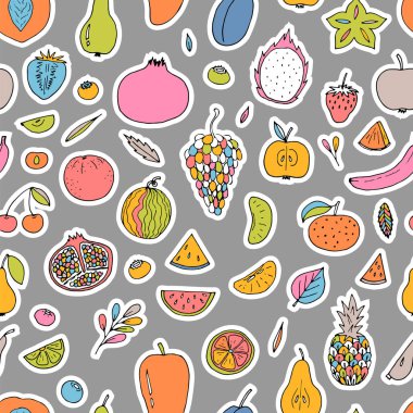 Yaz meyveleri ve böğürtlenlerle çizilmiş güzel bir el. Sağlıklı yemek geçmişi. Moda tekstil baskısı. Vektör illüstrasyonu