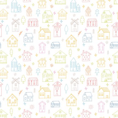 Elle çizilmiş evleri olan hoş, pürüzsüz bir desen. Binalar. Doodle tarzı. Kumaş, tekstil, ambalaj, duvar kağıdı dokusu. Vektör illüstrasyonu