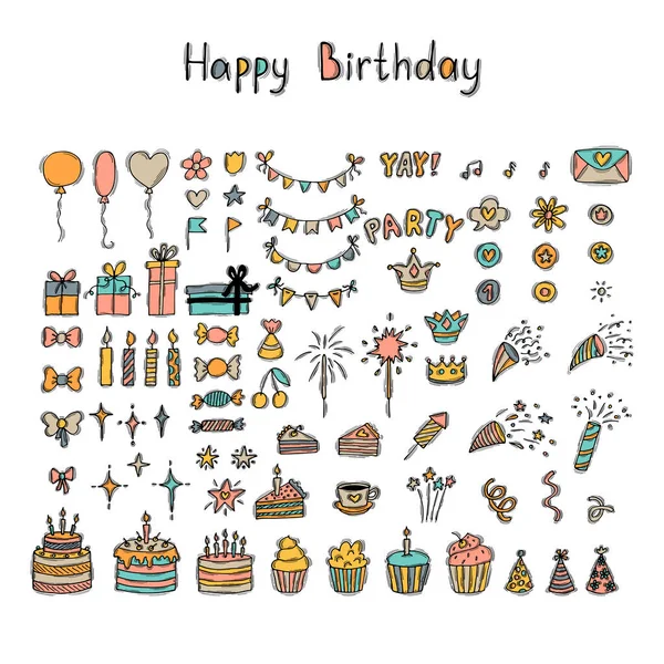 Hand drawn Birthday elements. Holiday collection. Doodle decoration. Party time clipart. Set of party elements. Vector illustration