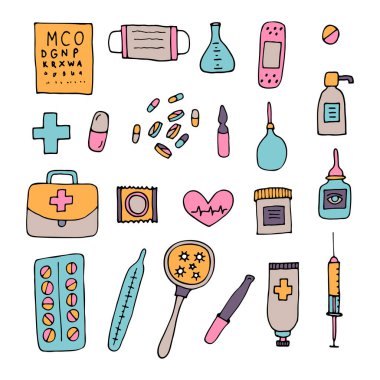 El çizimi tıp ikonları. Sağlık, eczane, ilk yardım. Tasarım. Doodle tarzı. Vektör illüstrasyonu