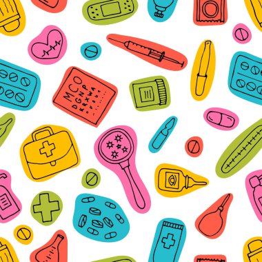 Sağlık hizmetleri sorunsuz. El yapımı ilaç elementleri. Eczane, tıbbi geçmiş. Vektör illüstrasyonu