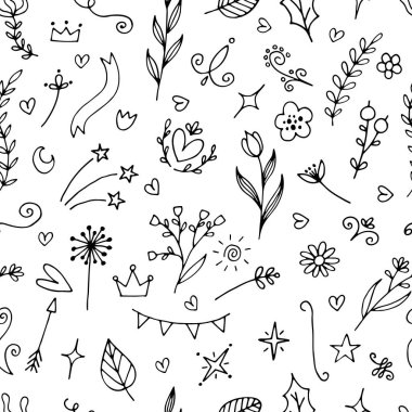 Elle çizilmiş çiçeksiz desen. Soyut arkaplan. Çiçek tasarım elementleri. Kumaş, tekstil ve duvar kağıtları için harika. Vektör illüstrasyonu