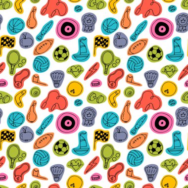 Spor karalama el çizimi, kusursuz desen. Spor aletleri. Fitness, sağlıklı yaşam tarzı. Vektör illüstrasyonu