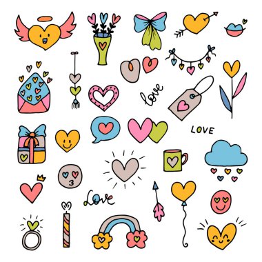 Romantik nesneler ve semboller koleksiyonu. Aşk, düğün, tarih, sevgililer günü. El çizimi, karalama, taslak çizimi. Vektör illüstrasyonu
