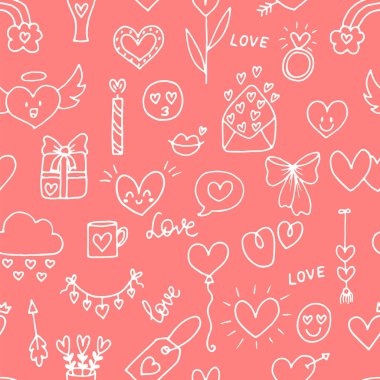 Aşk geçmişi. Romantik, pürüzsüz bir düzen. Valentine, düğün tasarımı. Paket kağıdı. El çizimi, eskiz, karalama. Vektör illüstrasyonu