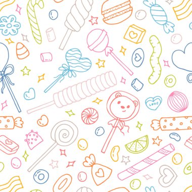 Şekerler, şekerler ve lolipoplarla kusursuz karalama deseni. El çizimi arka plan. Kumaş, tekstil, ambalaj kağıdı için harika. Vektör illüstrasyonu