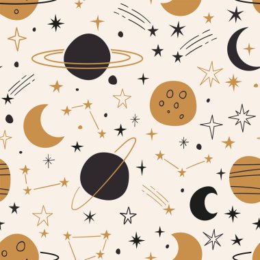 Yıldızlar, gezegenler ve takımyıldızlarla el çizimi kusursuz desen. Hoş bir arka plan. Çocuk kumaşı ve çocuk odası için mükemmel. Vektör illüstrasyonu