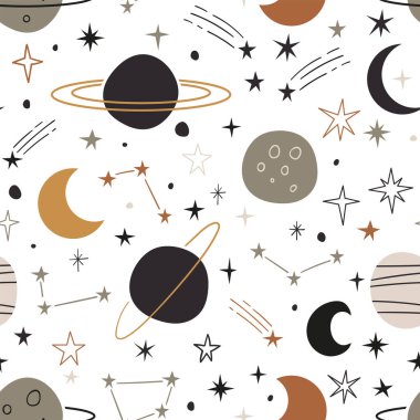Yıldızlar, gezegenler ve takımyıldızlarla el çizimi kusursuz desen. Hoş bir arka plan. Çocuklar için kumaş, tekstil ve kreş için mükemmel. Vektör illüstrasyonu
