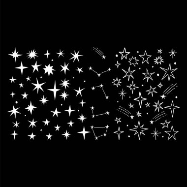 Yıldızlarla, takımyıldızlarla ve kuyruklu yıldızlarla el çizimi. Çizgi çalışması. Siyah arka plan. Vektör illüstrasyonu