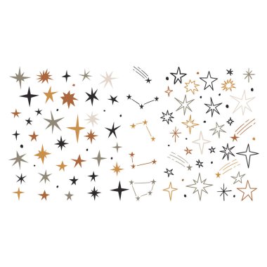 Yıldızlarla, takımyıldızlarla ve kuyruklu yıldızlarla el çizimi. Çizgi çalışması. Vektör illüstrasyonu