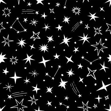 Gece gökyüzü. Kayan yıldızların, meteorların ve parıltıların kusursuz çizimi. Doodle tarzı. Vektör illüstrasyonu