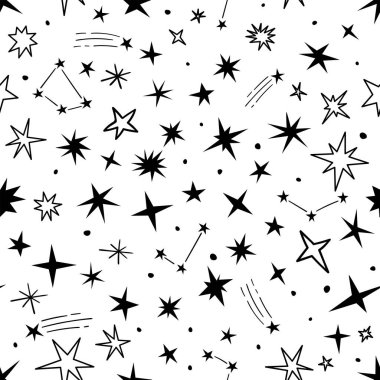 Kayan yıldızların, meteorların ve parıltıların kusursuz çizimi. Doodle tarzı. Çizgi çalışması. Vektör illüstrasyonu