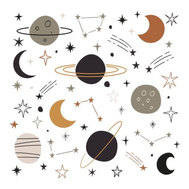 Yıldızlar, gezegenler, kuyrukluyıldızlar ve takımyıldızları. El çizimi stili. Kozmik tema için ideal. Vektör illüstrasyonu