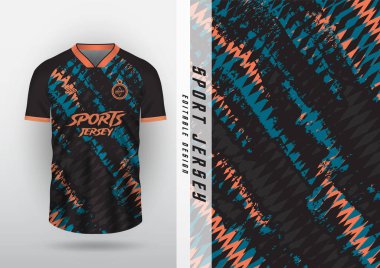 Jersey tasarımı, açık hava sporları, forma, futbol, futsal, koşu, yarış, egzersiz, zikzak deseni, siyah, mavi, turuncu.
