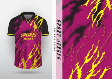 Jersey, açık hava spor tasarımı, forma, futbol, futsal, koşu, egzersiz, tahıl deseni, klasik şekil, pembe, siyah, sarı.
