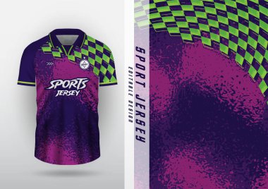 Jersey, açık hava spor tasarımı, forma, futbol, futsal, koşu, egzersiz, tahıl deseni, klasik şekil, mor ve yeşil.