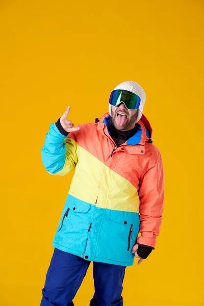 Boy Beanie Winter Clothes Snowboard Goggles Sticking His Tongue Out — Stock Photo, Image