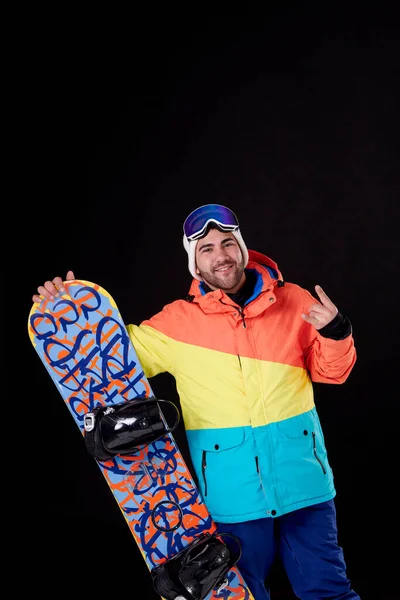 Garçon Avec Snowboard Souriant Faire Les Cornes Avec Main Tout — Photo